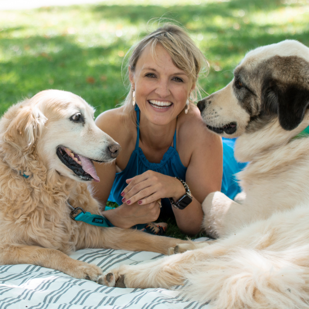 Danielle Hanosh lying on a blanket at the park with her two dogs, a Golden Retriever named George and an Anatolian Shepherd/Great Pyrenees mix named Wrigley.